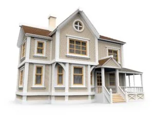 Two-story Victorian-style house with cream siding, gold-trimmed windows, front porch, and chimney against white background