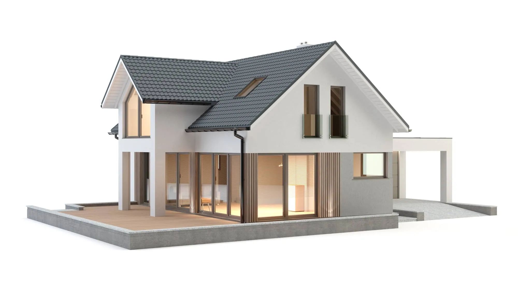 Modern house design with white walls, dark roof, large windows, and wooden deck on concrete foundation.