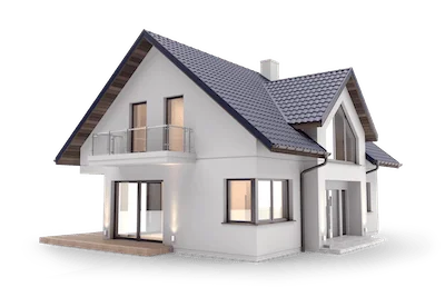 White house with dark roof, balcony, and large windows on white background